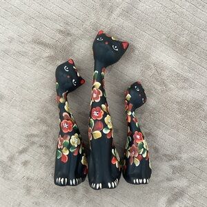 Cute Set Of Three Black Ceramic Cat Statues With A Hand Painted Floral Design